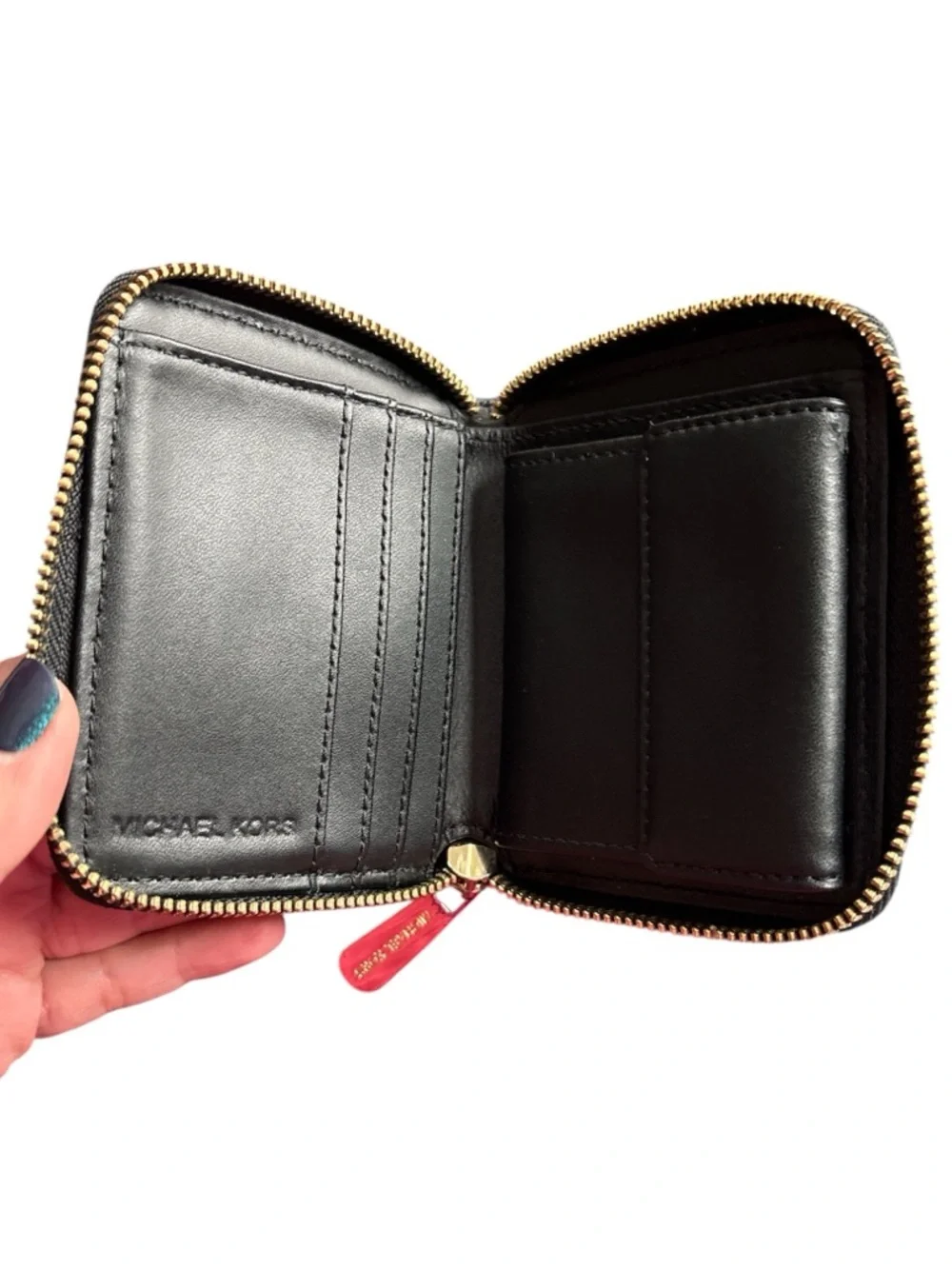 Michael Kors Black Monogram Zip Around Wallet with Gold Hardware